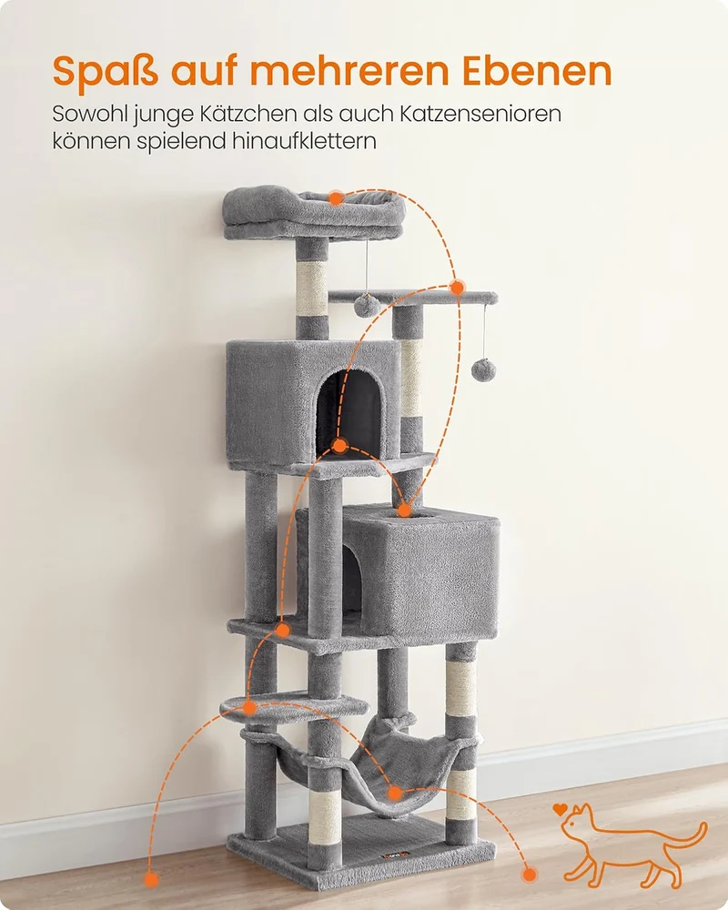Feandrea Kratzbaum, 155 cm hoch, Katzenbaum mit 5 Kratzsäulen, 2 Plattformen, 2 Katzenhöhlen, Hängem