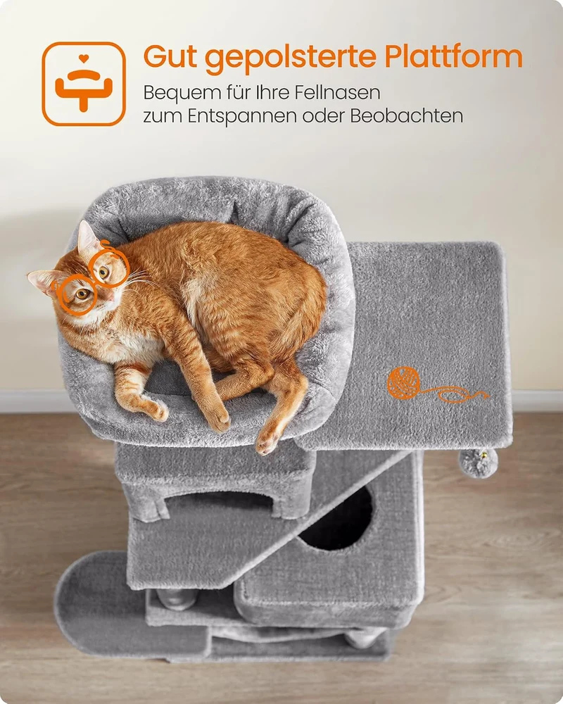 Feandrea Kratzbaum, 155 cm hoch, Katzenbaum mit 5 Kratzsäulen, 2 Plattformen, 2 Katzenhöhlen, Hängem