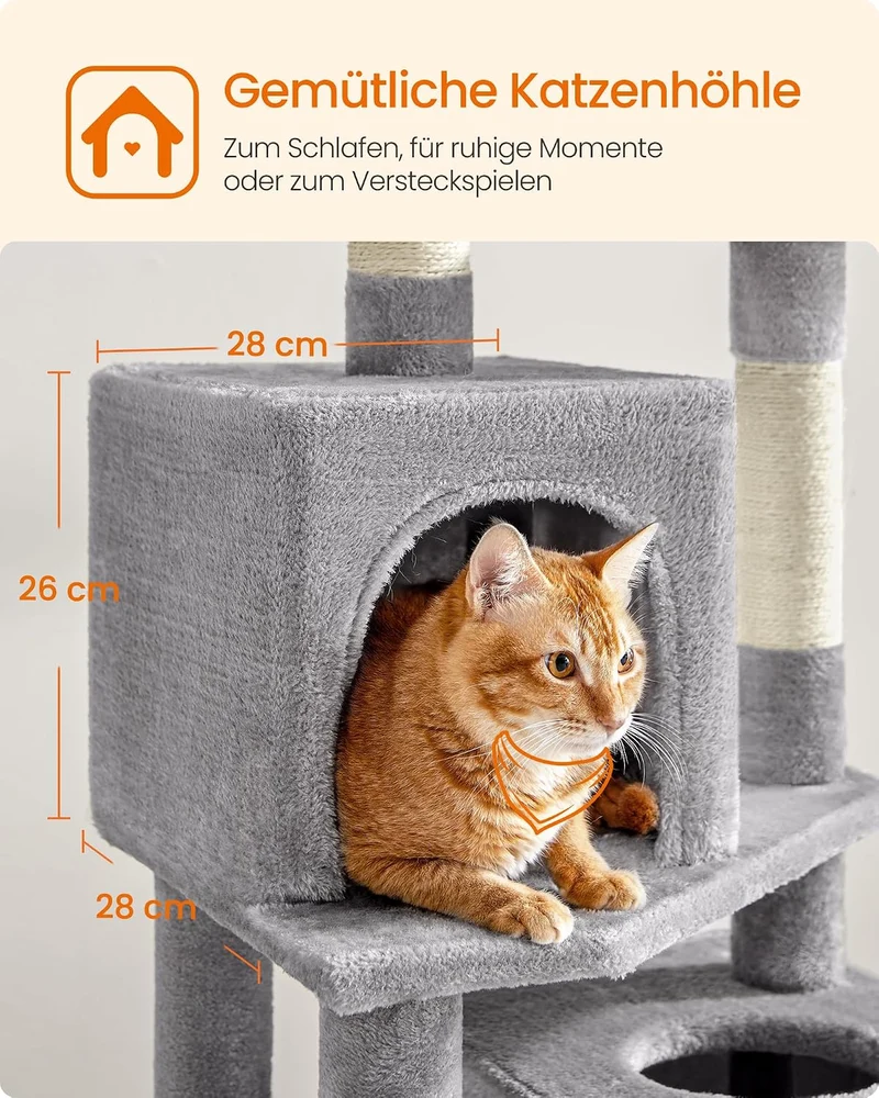 Feandrea Kratzbaum, 155 cm hoch, Katzenbaum mit 5 Kratzsäulen, 2 Plattformen, 2 Katzenhöhlen, Hängem