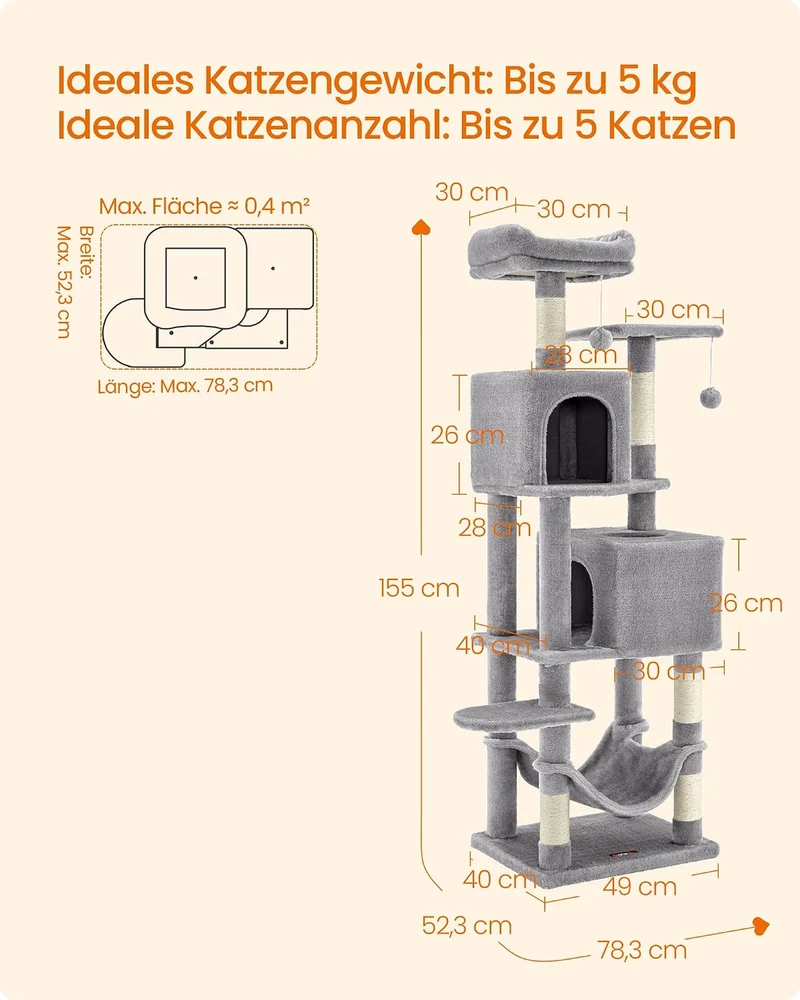 Feandrea Kratzbaum, 155 cm hoch, Katzenbaum mit 5 Kratzsäulen, 2 Plattformen, 2 Katzenhöhlen, Hängem