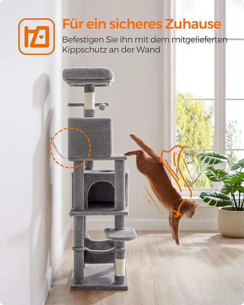Feandrea Kratzbaum, 155 cm hoch, Katzenbaum mit 5 Kratzsäulen, 2 Plattformen, 2 Katzenhöhlen, Hängem