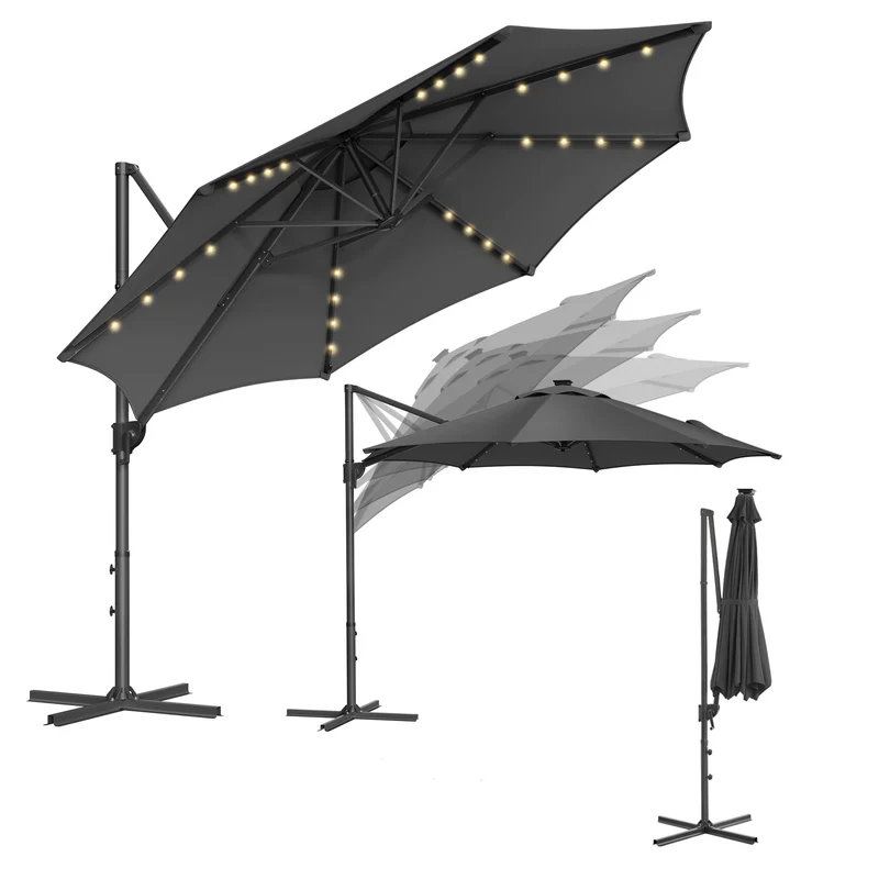 SONGMICS Sonnenschirm, Ampelschirm, 300 cm, 28 Solar-LED-Leuchten, UPF 50+ Grau, Grau