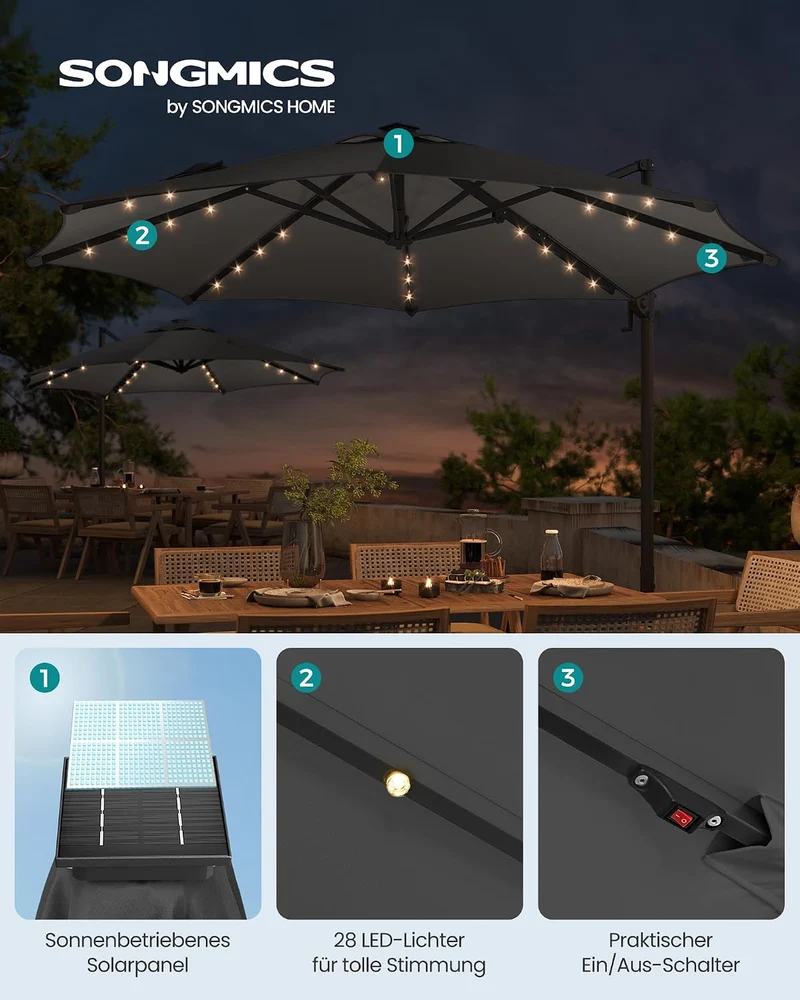 SONGMICS Sonnenschirm, Ampelschirm, 300 cm, 28 Solar-LED-Leuchten, UPF 50+ Grau, Grau