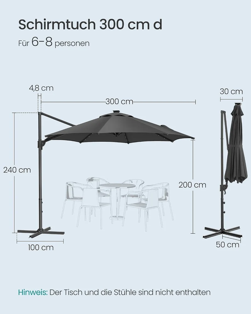 SONGMICS Sonnenschirm, Ampelschirm, 300 cm, 28 Solar-LED-Leuchten, UPF 50+ Grau, Grau