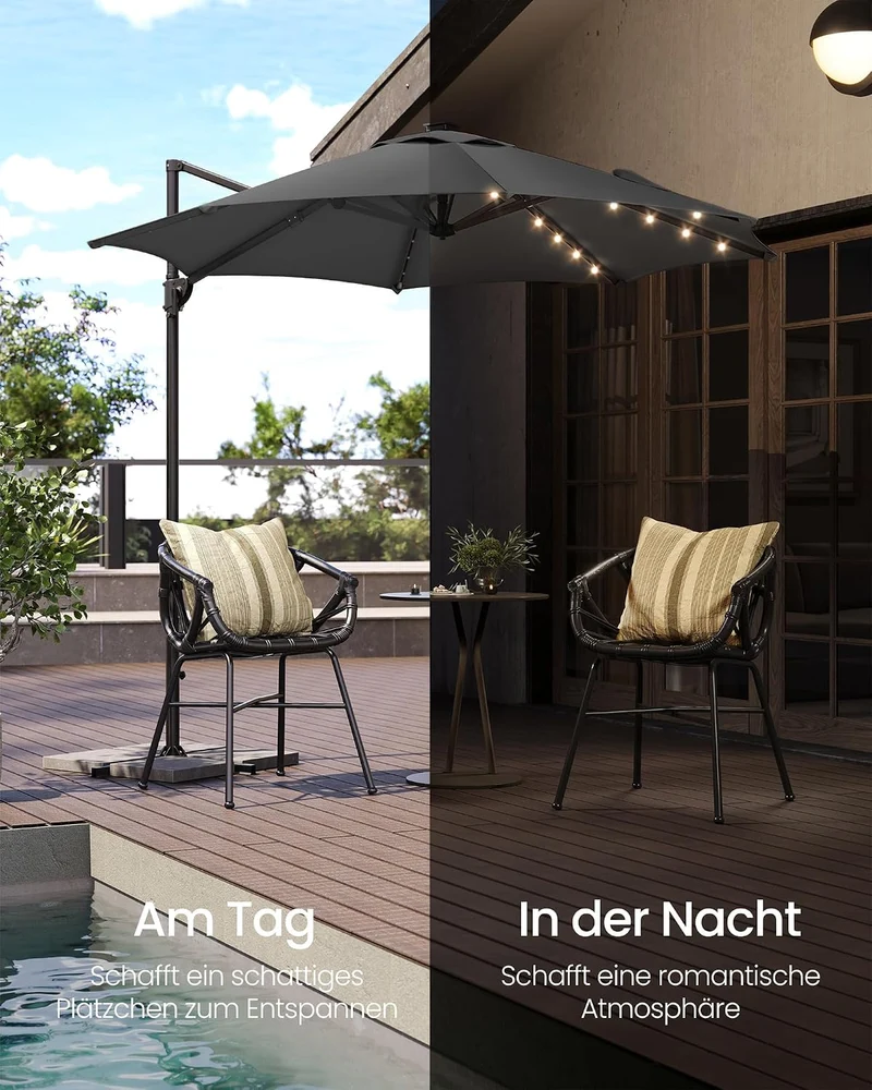 SONGMICS Sonnenschirm, Ampelschirm, 300 cm, 28 Solar-LED-Leuchten, UPF 50+ Grau, Grau