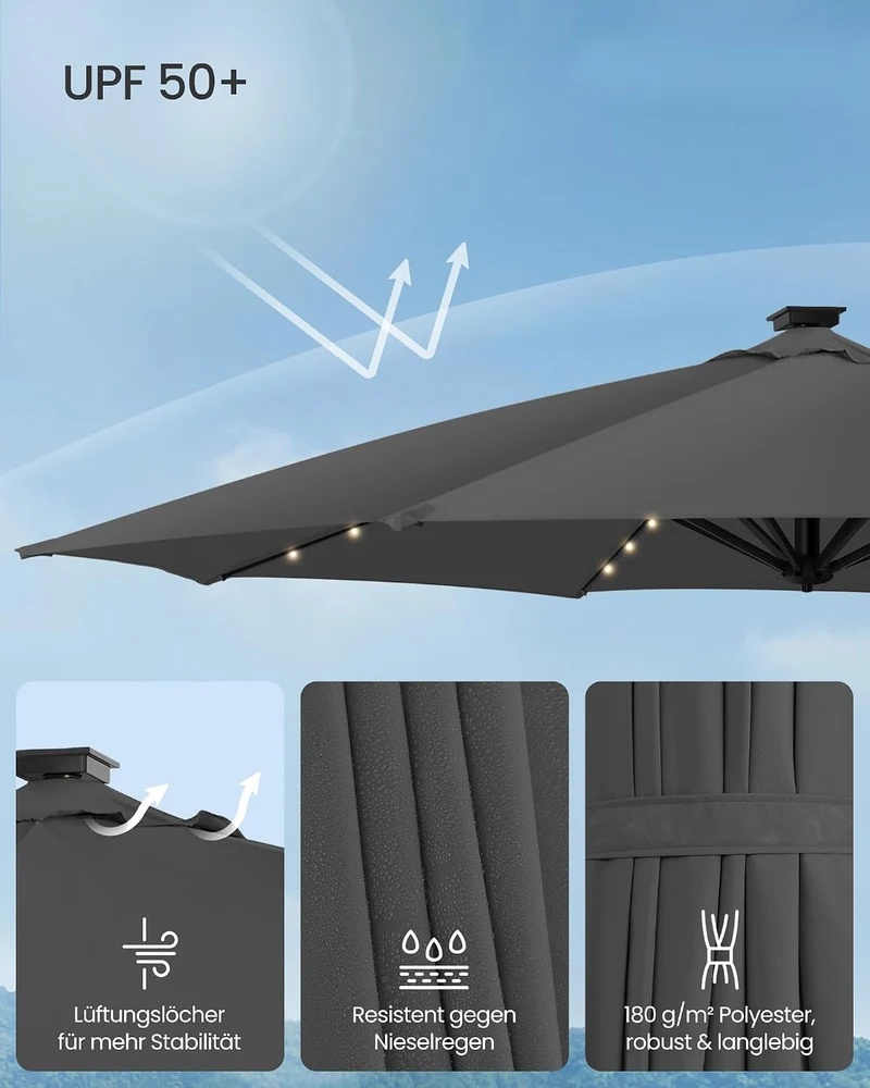 SONGMICS Sonnenschirm, Ampelschirm, 300 cm, 28 Solar-LED-Leuchten, UPF 50+ Grau, Grau