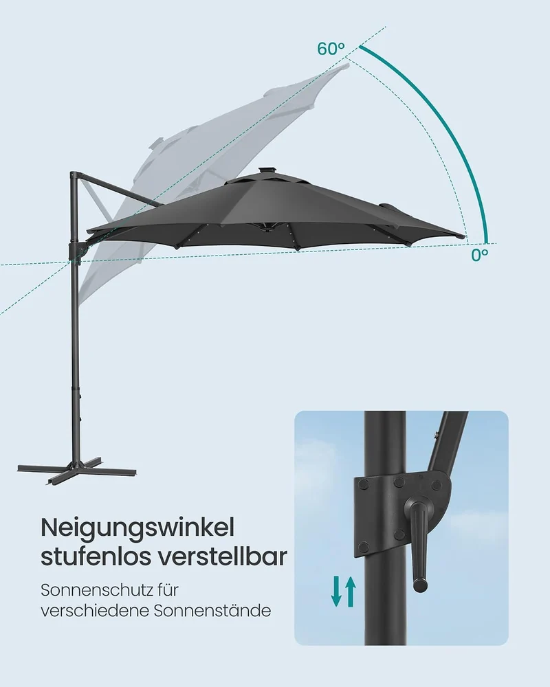 SONGMICS Sonnenschirm, Ampelschirm, 300 cm, 28 Solar-LED-Leuchten, UPF 50+ Grau, Grau