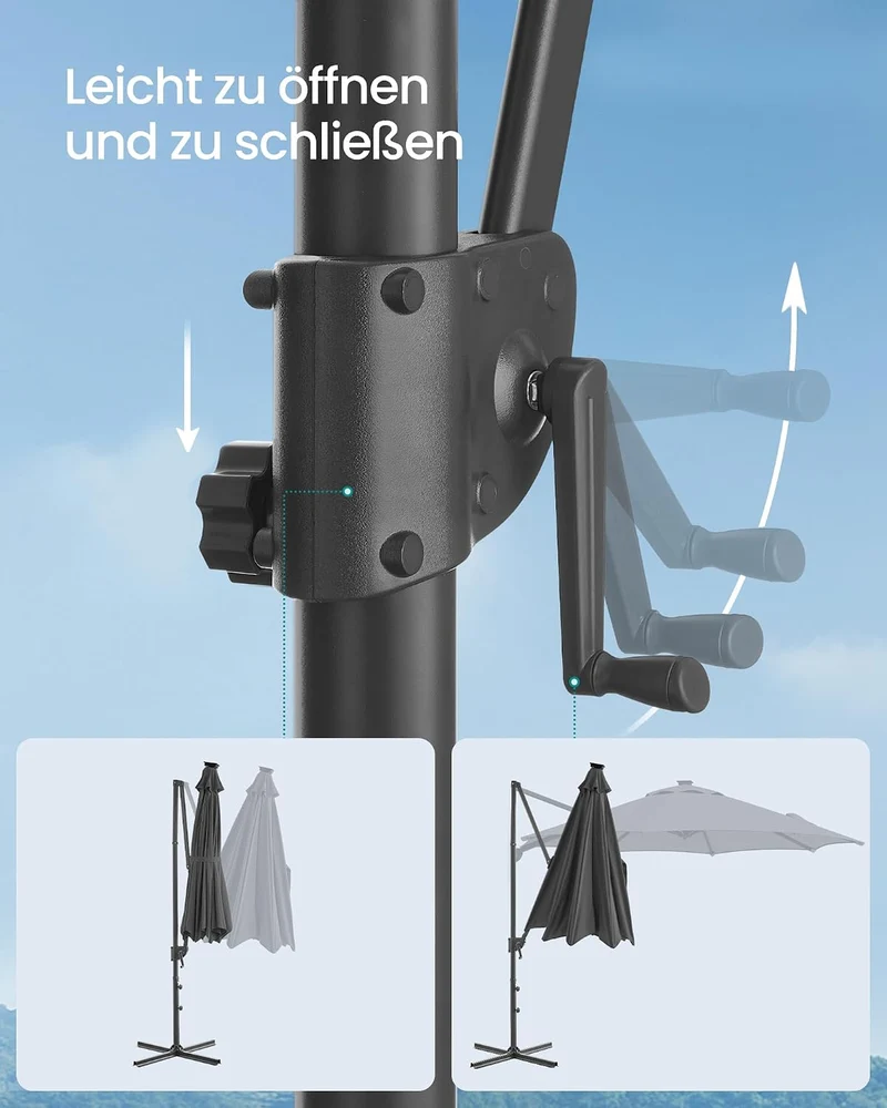 SONGMICS Sonnenschirm, Ampelschirm, 300 cm, 28 Solar-LED-Leuchten, UPF 50+ Grau, Grau