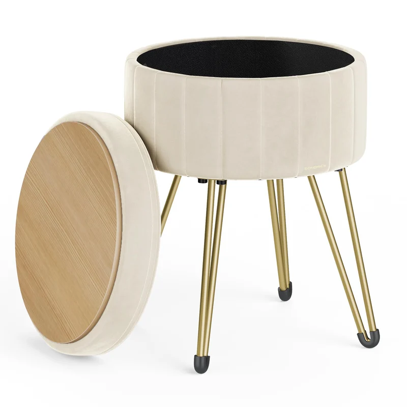 SONGMICS Runder Sitzhocker, mit Stauraum, Samt, 39 cm d, 44,4 cm H