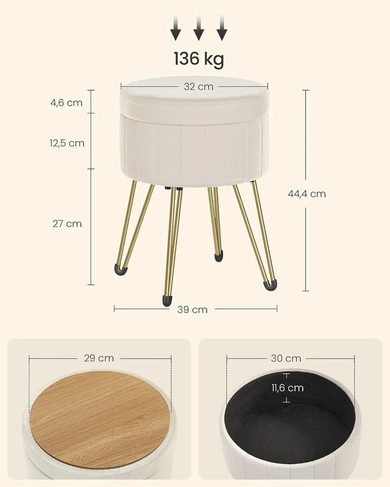 SONGMICS Runder Sitzhocker, mit Stauraum, Samt, 39 cm d, 44,4 cm H
