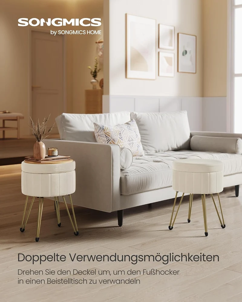 SONGMICS Runder Sitzhocker, mit Stauraum, Samt, 39 cm d, 44,4 cm H