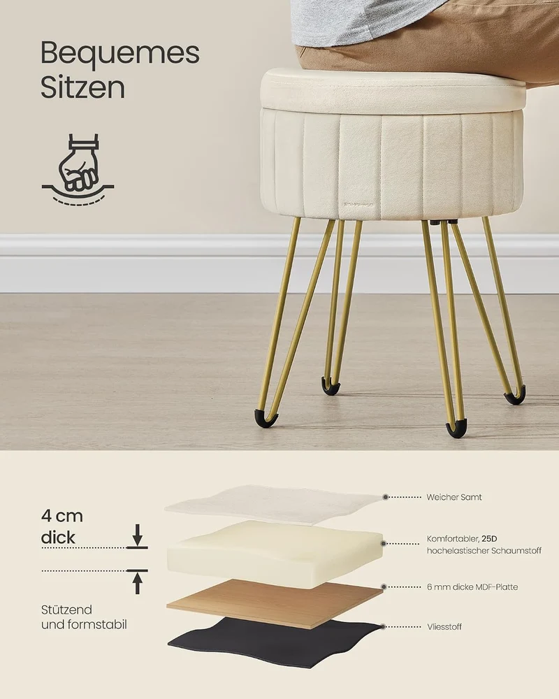 SONGMICS Runder Sitzhocker, mit Stauraum, Samt, 39 cm d, 44,4 cm H