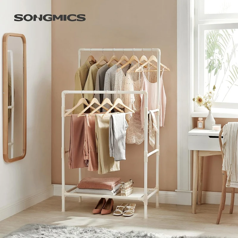 SONGMICS Kleiderständer, 2er Set, Garderobenständer aus Metall, mit 2 Kleiderstangen, 1 Ablage, bis
