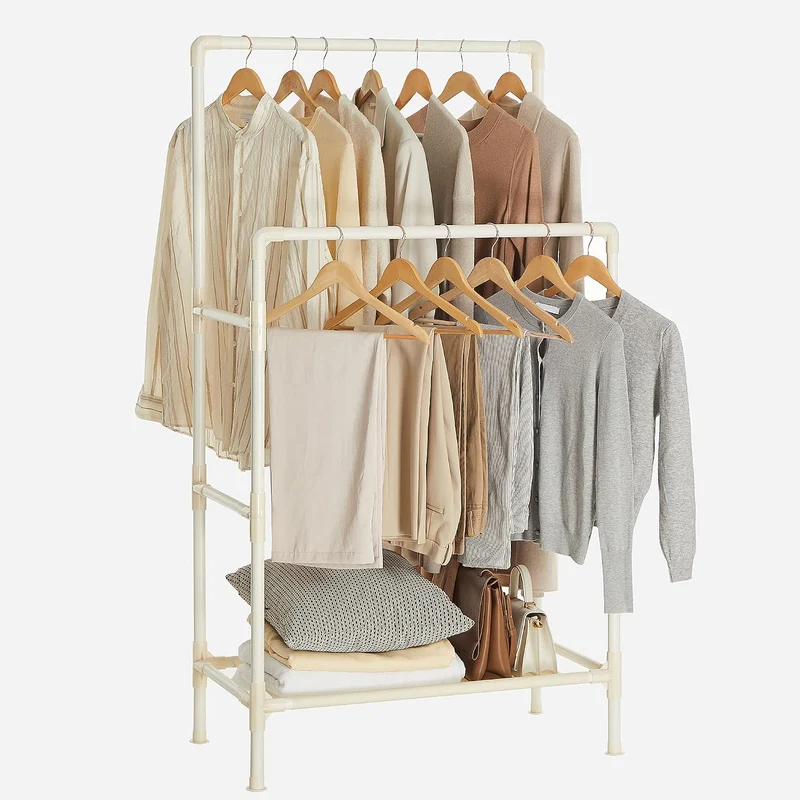SONGMICS Kleiderständer, 2er Set, Garderobenständer aus Metall, mit 2 Kleiderstangen, 1 Ablage, bis