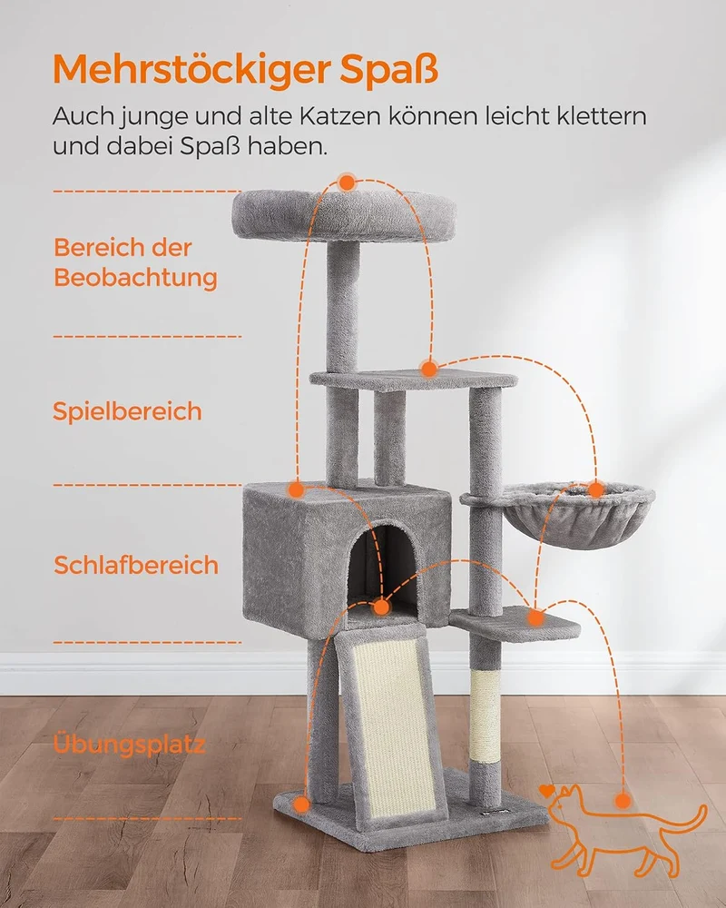 Feandrea Kratzbaum, 135 cm Kleiner Katzenbaum, mehrstöckiger Plüsch-Katzekratzbaum mit waschbarer, A