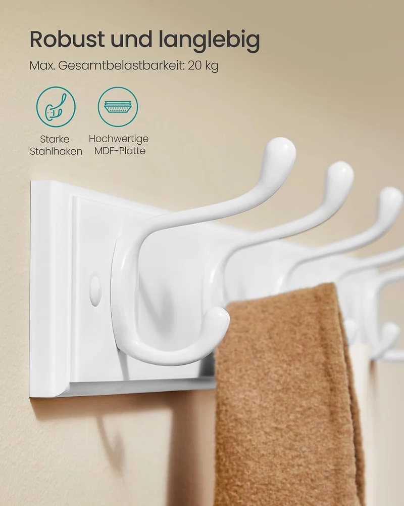 SONGMICS Wandgarderobe, mit 5 Doppelhaken aus Metall 5 Haken(50.4B x 7.6H cm) 1er Set, 5 Haken(50.4B