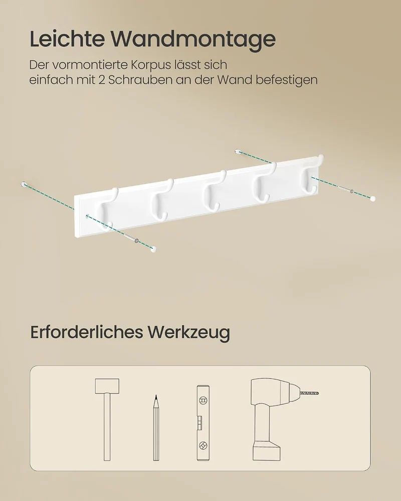 SONGMICS Wandgarderobe, mit 5 Doppelhaken aus Metall 5 Haken(50.4B x 7.6H cm) 1er Set, 5 Haken(50.4B