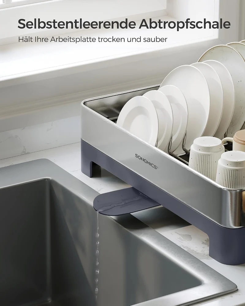 SONGMICS Abtropfgestell, Geschirr-Abtropfständer Edelstahl, Auslauf, Abtropfschale, Tassenhalter, fi