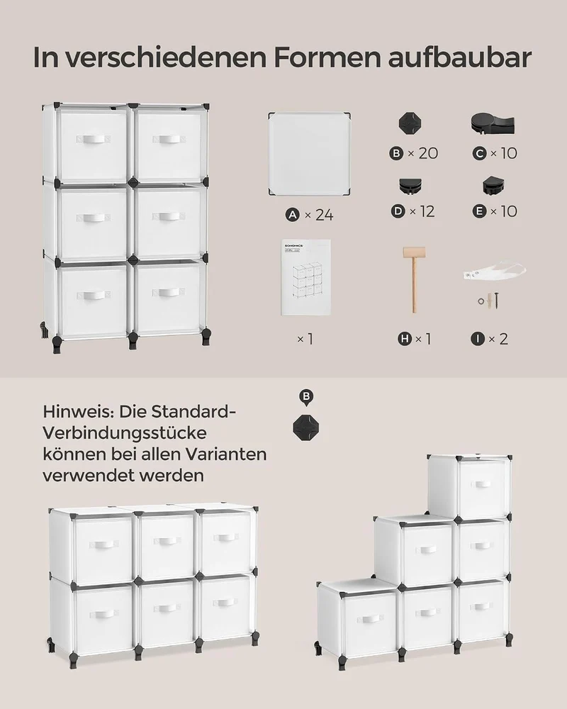 SONGMICS Würfelregal mit 6 Boxen, DIY, erweiterbar, platzsparend 6 Würfel Weiss, 6 Würfel Weiss
