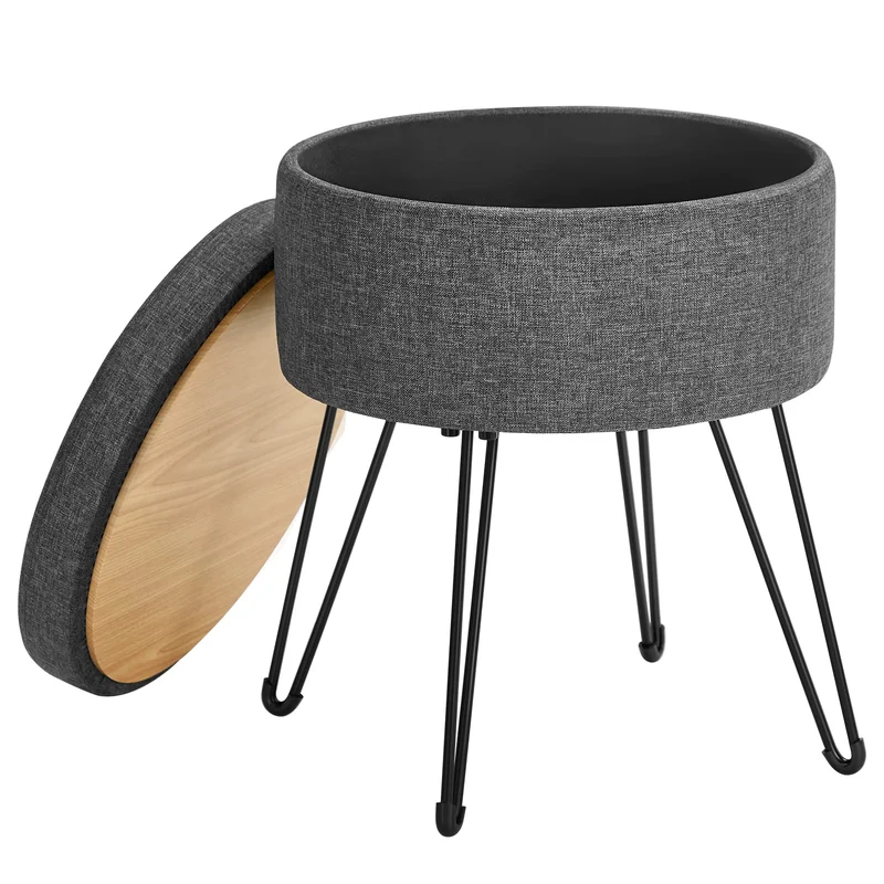 SONGMICS Runder Sitzhocker, mit Stauraum, Leinenoptik, 37 cm d, 44,4 cm H