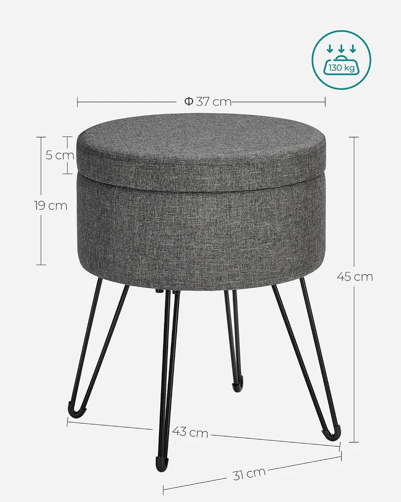 SONGMICS Runder Sitzhocker, mit Stauraum, Leinenoptik, 37 cm d, 44,4 cm H