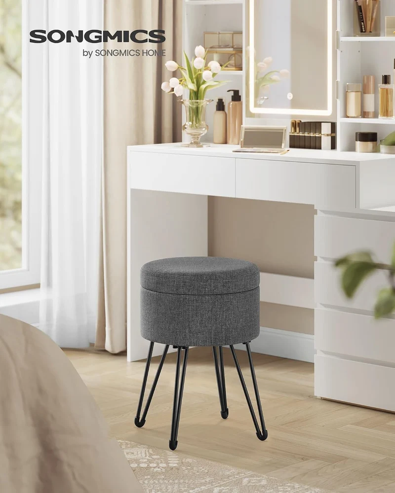 SONGMICS Runder Sitzhocker, mit Stauraum, Leinenoptik, 37 cm d, 44,4 cm H