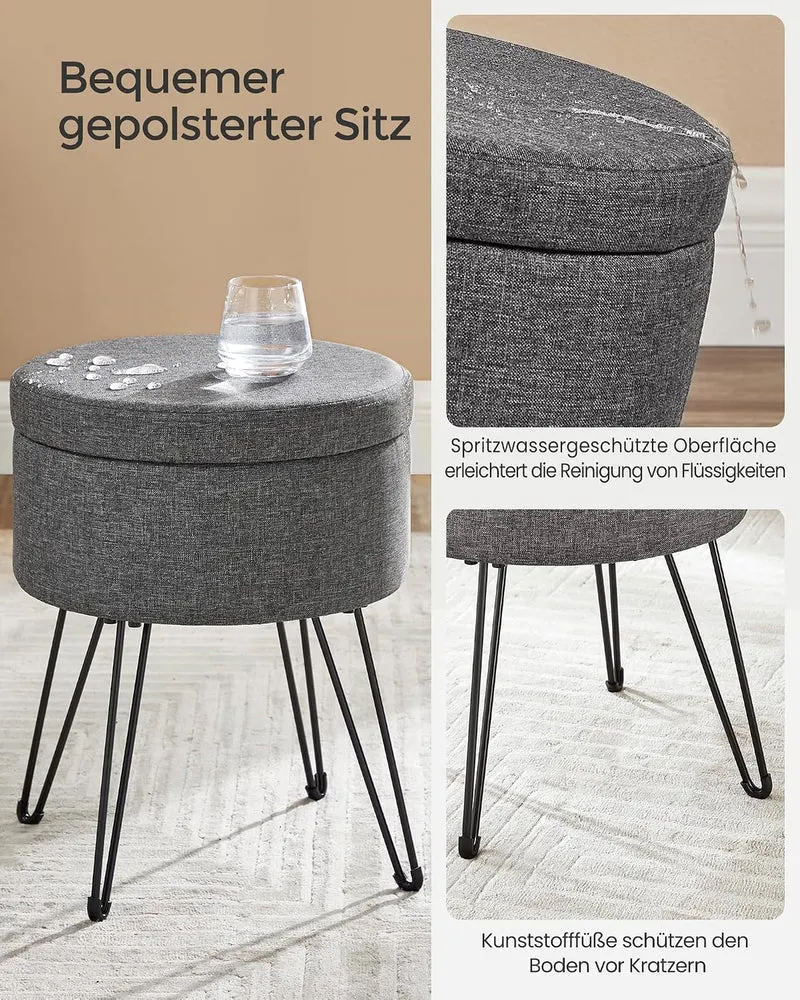 SONGMICS Runder Sitzhocker, mit Stauraum, Leinenoptik, 37 cm d, 44,4 cm H