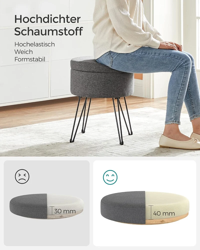 SONGMICS Runder Sitzhocker, mit Stauraum, Leinenoptik, 37 cm d, 44,4 cm H