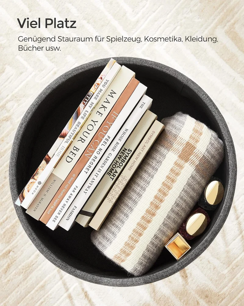 SONGMICS Runder Sitzhocker, mit Stauraum, Leinenoptik, 37 cm d, 44,4 cm H