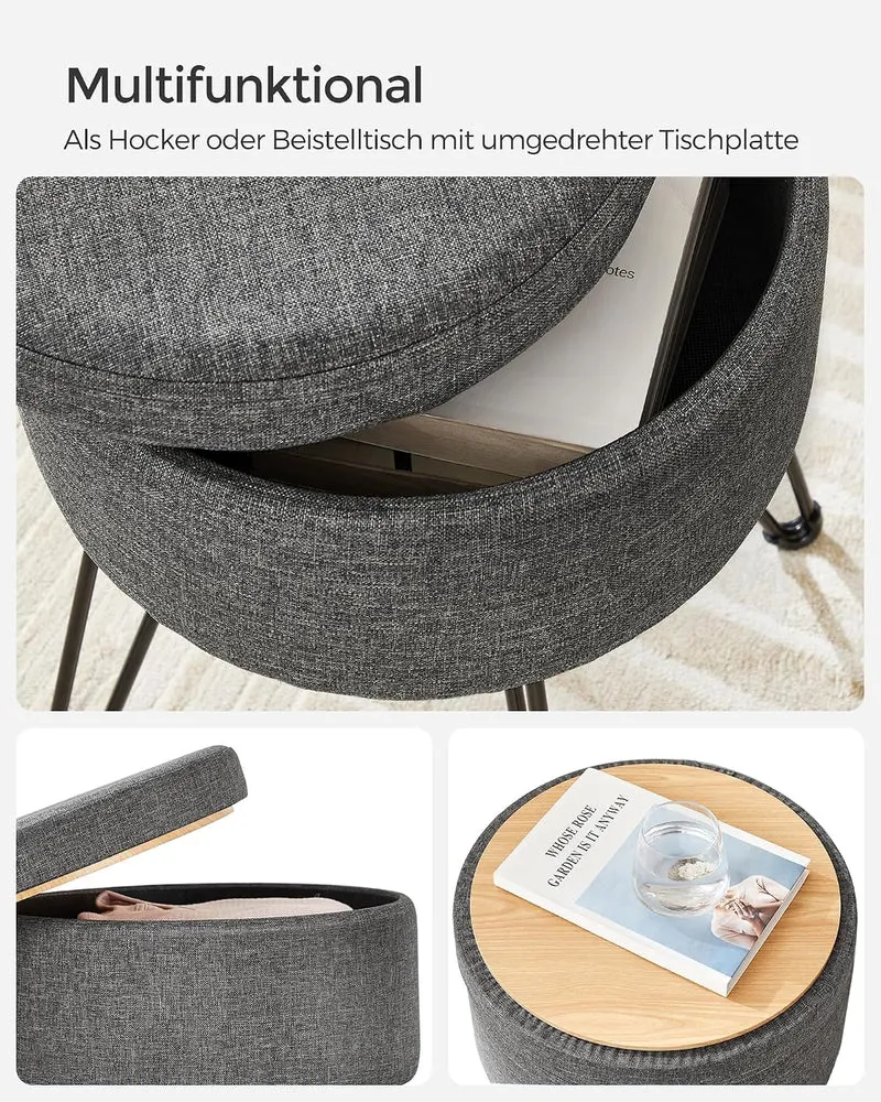 SONGMICS Runder Sitzhocker, mit Stauraum, Leinenoptik, 37 cm d, 44,4 cm H