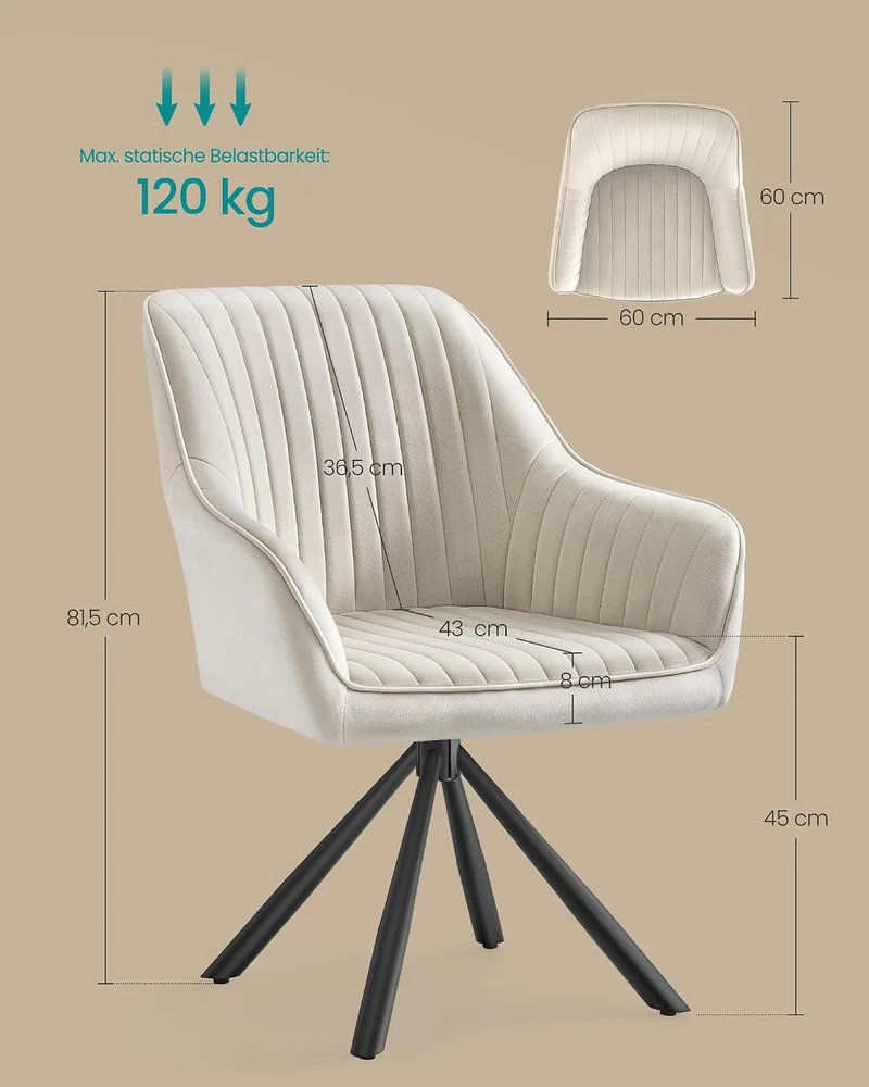 SONGMICS Esszimmerstuhl, Küchenstuhl, Sessel drehbar, Samt, Polsterstuhl mit Armlehnen, bis 120 kg b