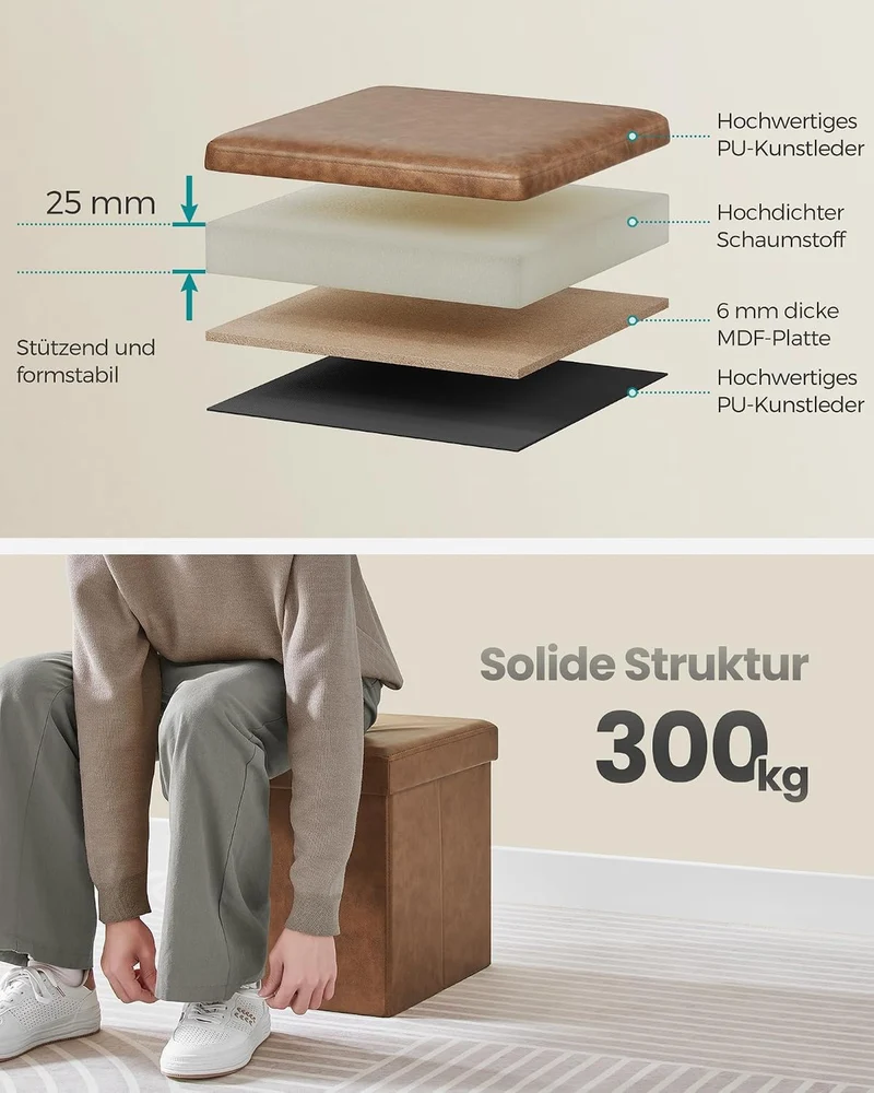 SONGMICS Sitzhocker 38 cm, faltbar, mit Deckel, PVC-Leder