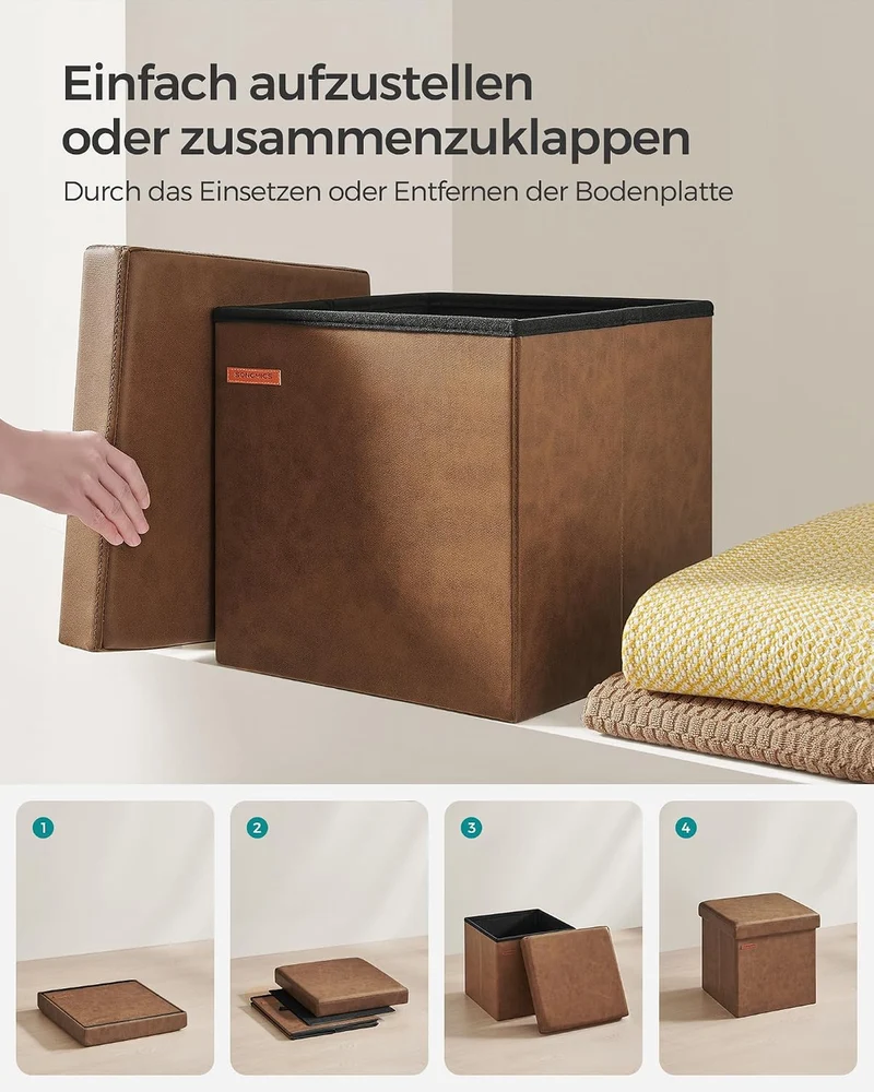 SONGMICS Sitzhocker 38 cm, faltbar, mit Deckel, PVC-Leder