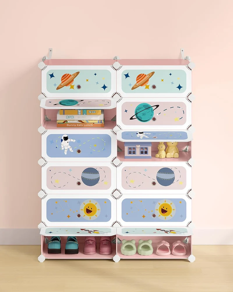 SONGMICS Modulares Kinderregal mit 12 Würfeln, Schuhregal für Kinder, Kunststoffregal, Modularschran