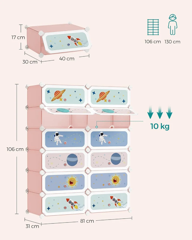 SONGMICS Modulares Kinderregal mit 12 Würfeln, Schuhregal für Kinder, Kunststoffregal, Modularschran