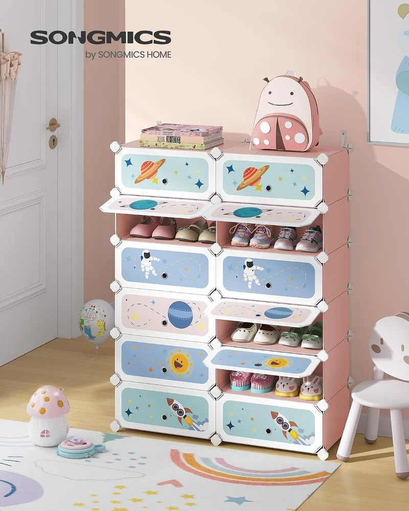 SONGMICS Modulares Kinderregal mit 12 Würfeln, Schuhregal für Kinder, Kunststoffregal, Modularschran