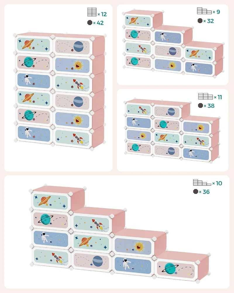 SONGMICS Modulares Kinderregal mit 12 Würfeln, Schuhregal für Kinder, Kunststoffregal, Modularschran