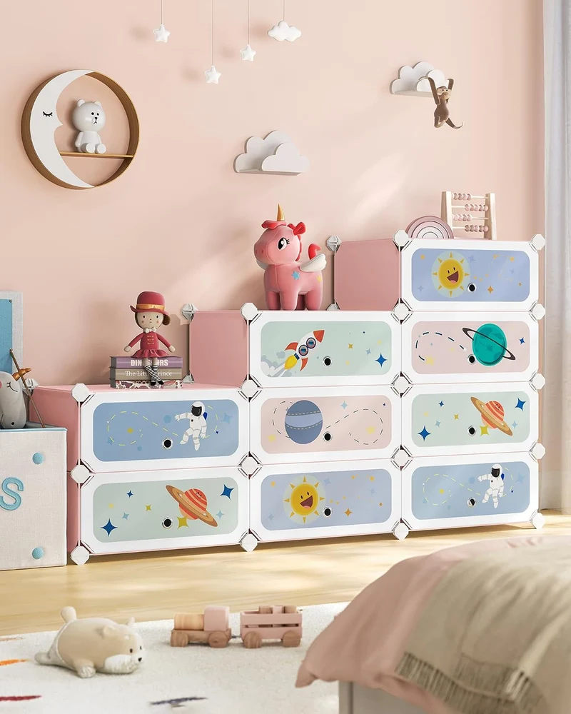 SONGMICS Modulares Kinderregal mit 12 Würfeln, Schuhregal für Kinder, Kunststoffregal, Modularschran