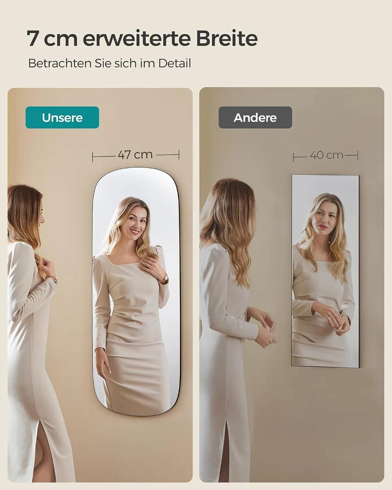SONGMICS Spiegel, Wandspiegel, Gebogene Ecke, Ganzkörperspiegel, Spiegel für Tür, Rahmenlos, für Sch