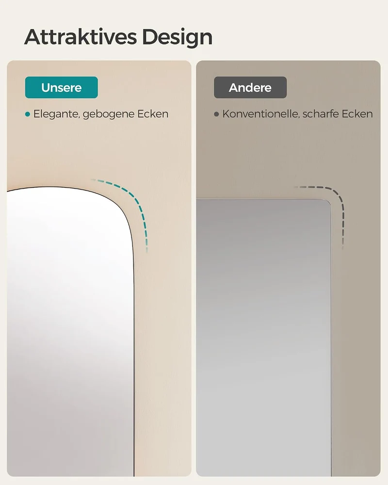 SONGMICS Spiegel, Wandspiegel, Gebogene Ecke, Ganzkörperspiegel, Spiegel für Tür, Rahmenlos, für Sch