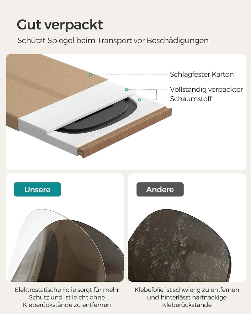 SONGMICS Spiegel, Wandspiegel, Gebogene Ecke, Ganzkörperspiegel, Spiegel für Tür, Rahmenlos, für Sch