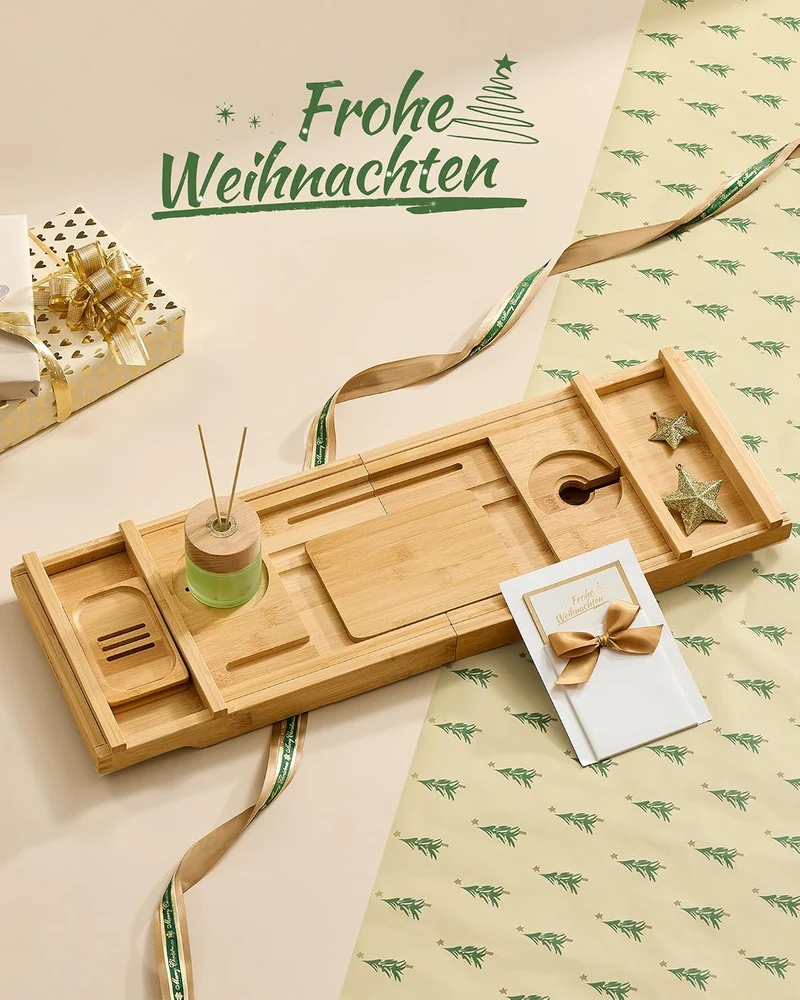 SONGMICS Badewannenablage ausziehbar, Badewannenbrett aus Bambus, 70-95,6 cm breit, zusammenklappbar