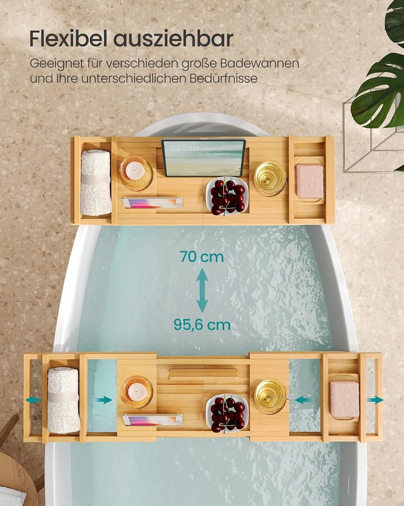 SONGMICS Badewannenablage ausziehbar, Badewannenbrett aus Bambus, 70-95,6 cm breit, zusammenklappbar