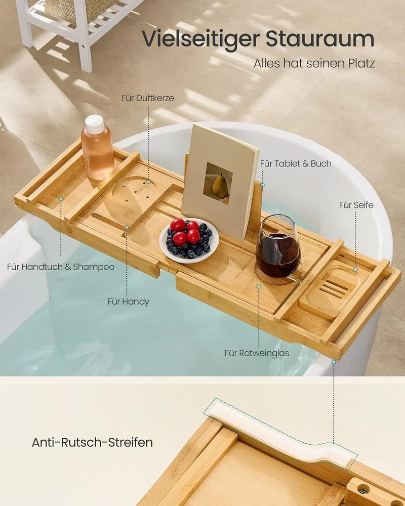 SONGMICS Badewannenablage ausziehbar, Badewannenbrett aus Bambus, 70-95,6 cm breit, zusammenklappbar