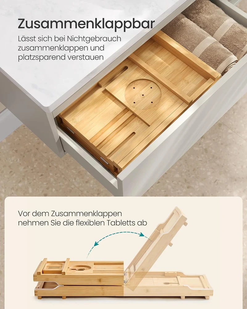 SONGMICS Badewannenablage ausziehbar, Badewannenbrett aus Bambus, 70-95,6 cm breit, zusammenklappbar