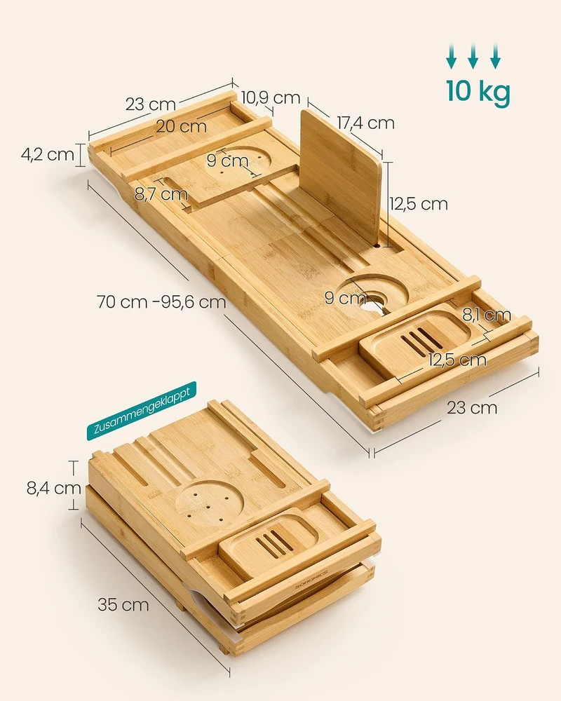 SONGMICS Badewannenablage ausziehbar, Badewannenbrett aus Bambus, 70-95,6 cm breit, zusammenklappbar