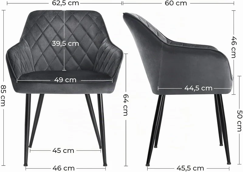 SONGMICS Esszimmerstühle, 2er Set, Sessel, Loungesessel, mit Armlehne, Bezug aus Samt, Metallbeine,