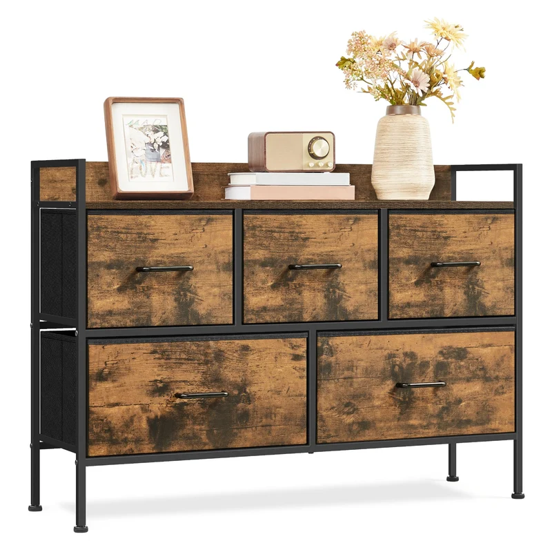 SONGMICS Kommode, Schrank, 5 Stoffschubladen mit Griffen, Metallgestell, Industrie-Design, vintagebr