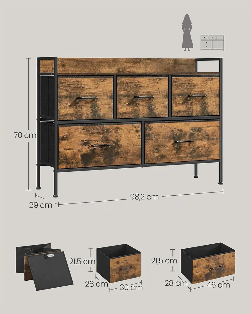 SONGMICS Kommode, Schrank, 5 Stoffschubladen mit Griffen, Metallgestell, Industrie-Design, vintagebr