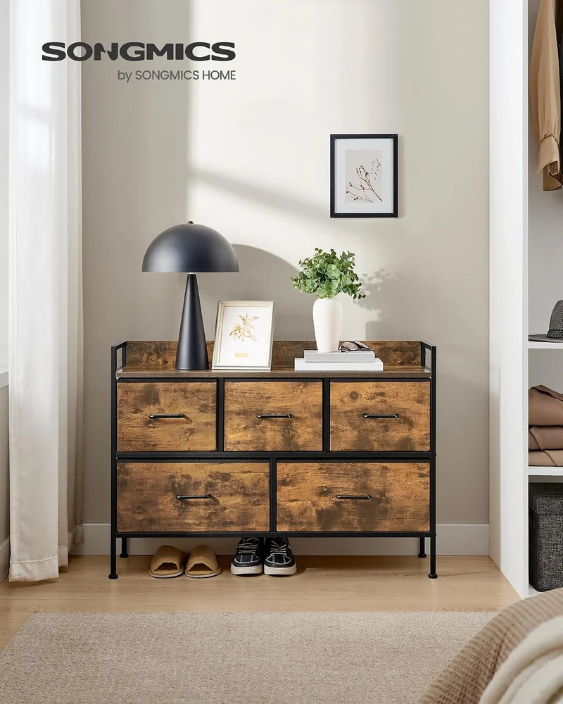 SONGMICS Kommode, Schrank, 5 Stoffschubladen mit Griffen, Metallgestell, Industrie-Design, vintagebr
